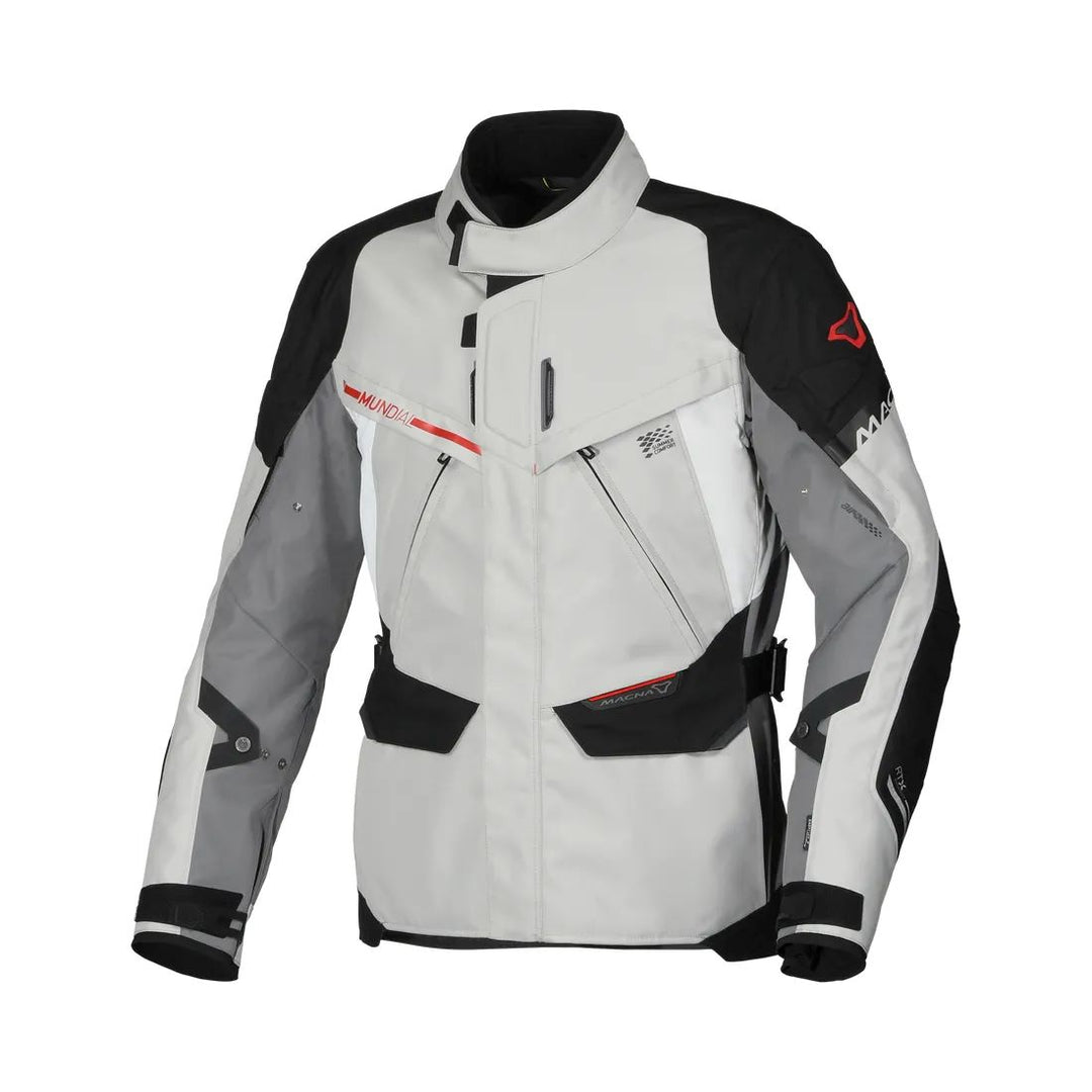 motorcycle jacket macna mundial mesh raintex thermos vents ventilation easy cuff gray black red touring adventure adv front