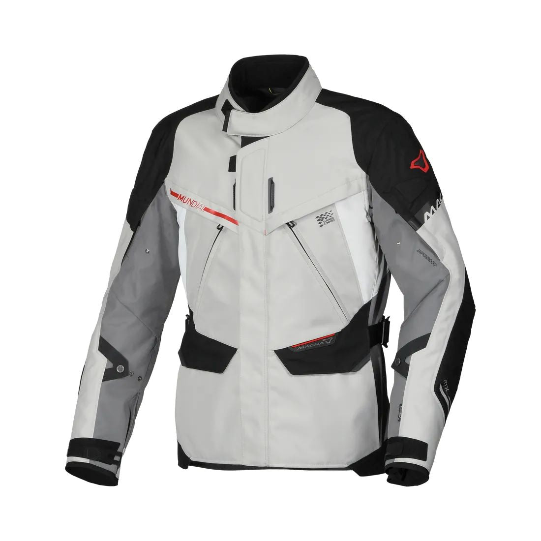 motorcycle jacket macna mundial mesh raintex thermos vents ventilation easy cuff gray black red touring adventure adv front