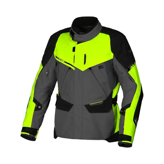 motorcycle jacket macna mundial mesh raintex thermos vents ventilation easy cuff gray neon yellow black touring adventure adv front