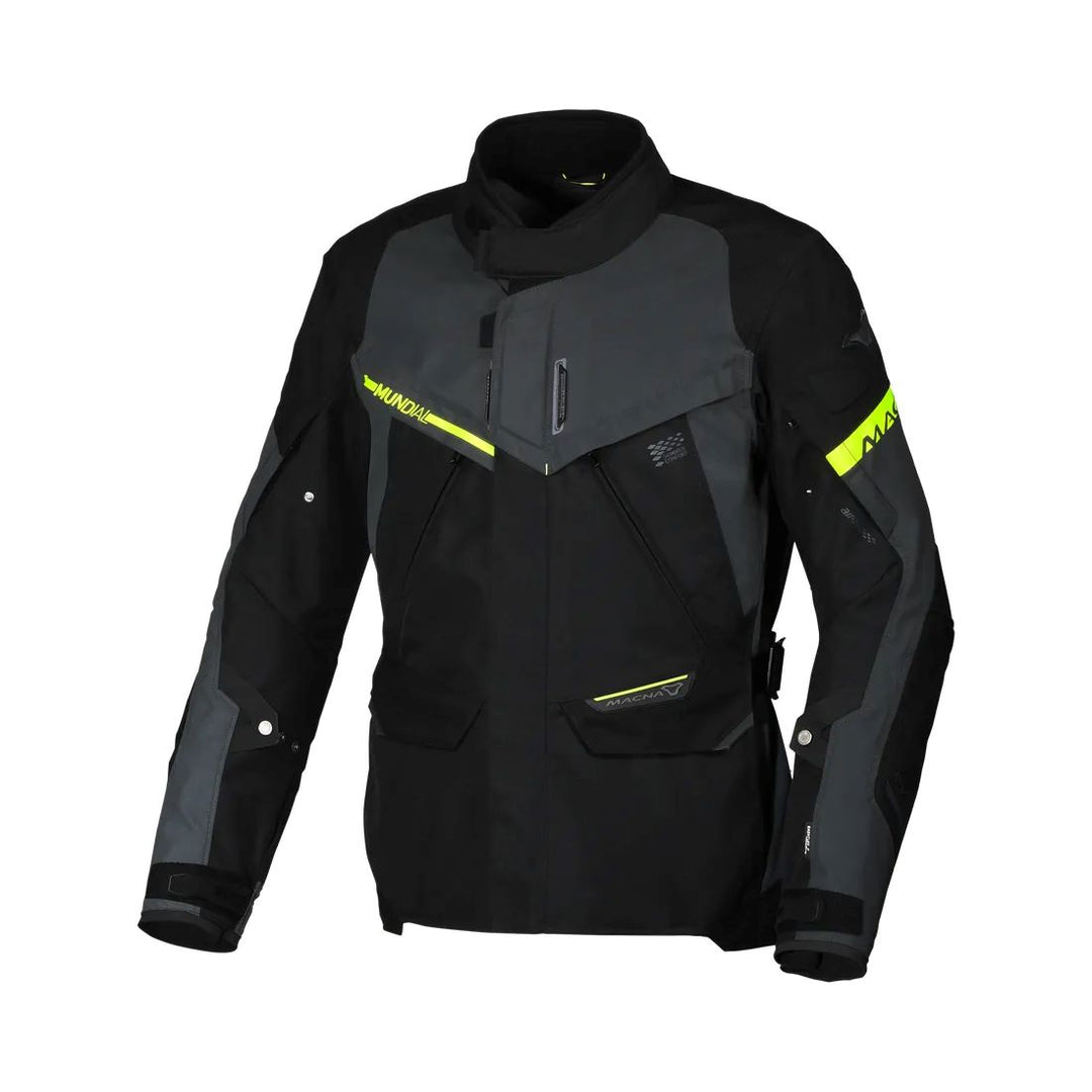 motorcycle jacket macna mundial mesh raintex thermos vents ventilation easy cuff gray neon yellow black nighteye night eye touring adventure adv front