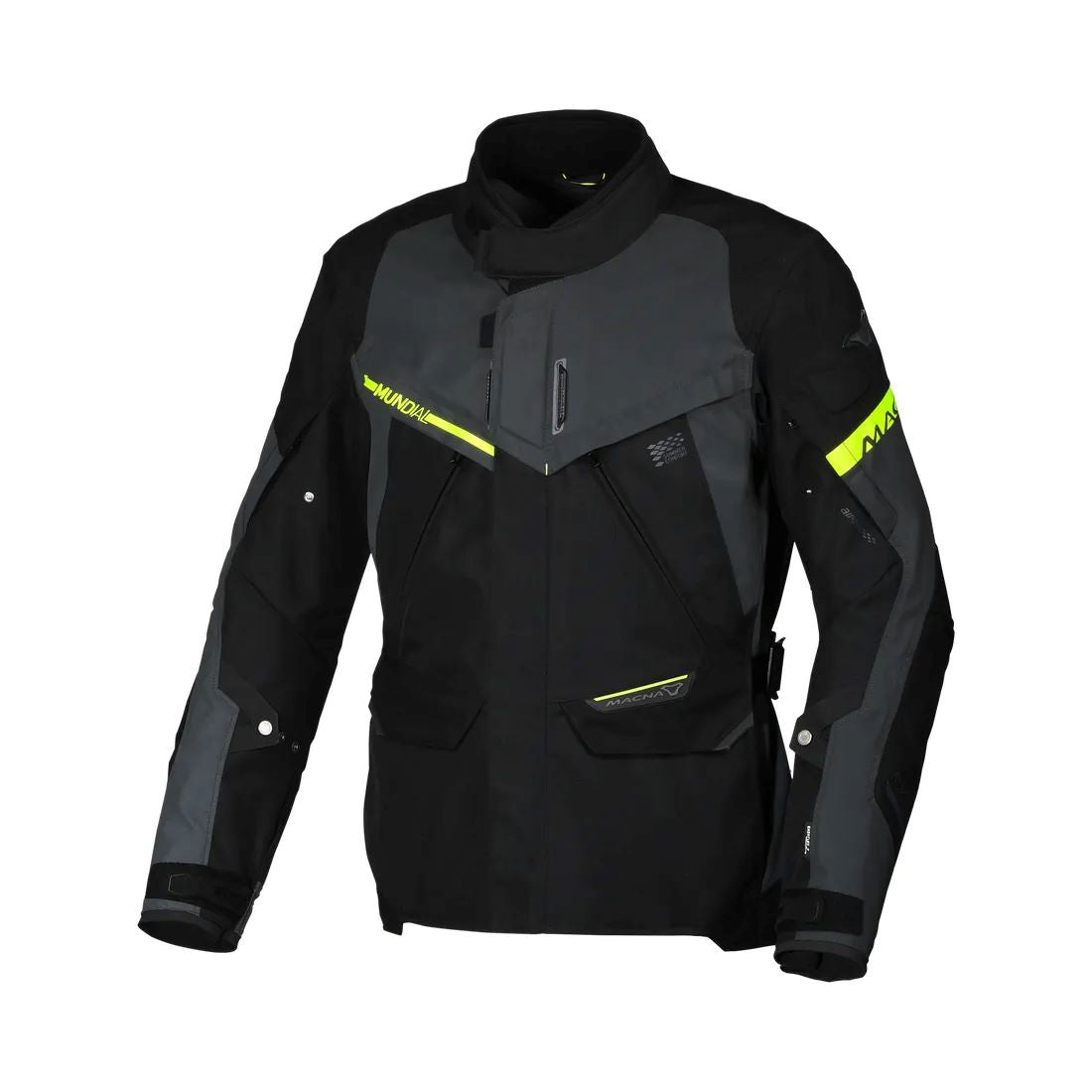 motorcycle jacket macna mundial mesh raintex thermos vents ventilation easy cuff gray neon yellow black nighteye night eye touring adventure adv front