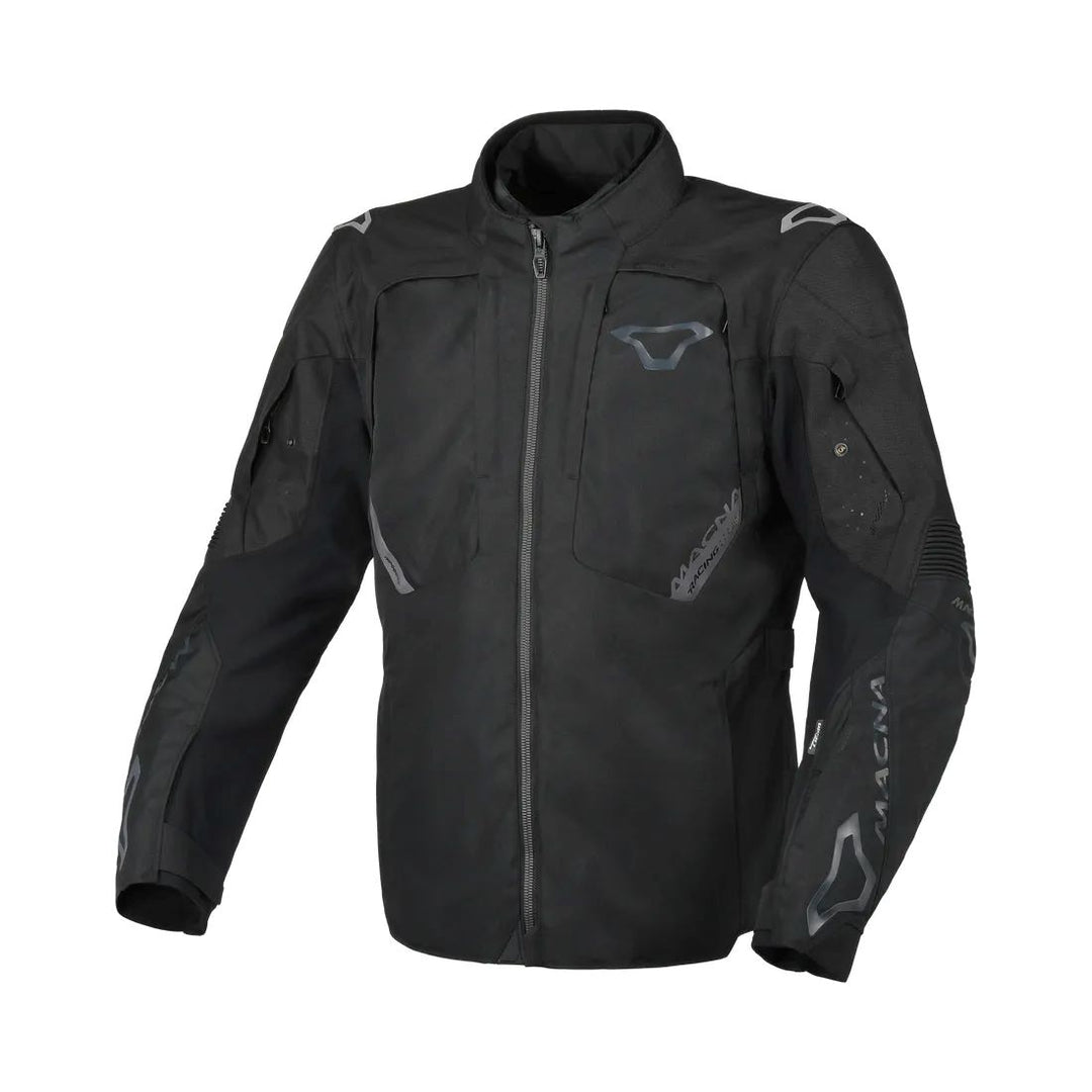 motorcycle jacket macna notch waterproof stretch rain shell insulated LED light prepared air vents ventilation epg black touring adventure adv front