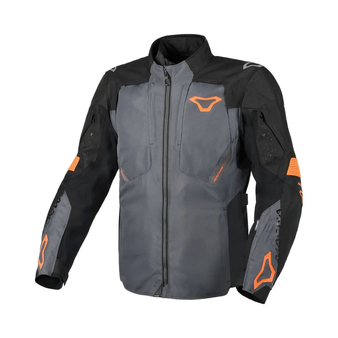 motorcycle jacket macna notch waterproof stretch rain shell insulated LED light prepared air vents ventilation epg orange gray black touring adventure adv front