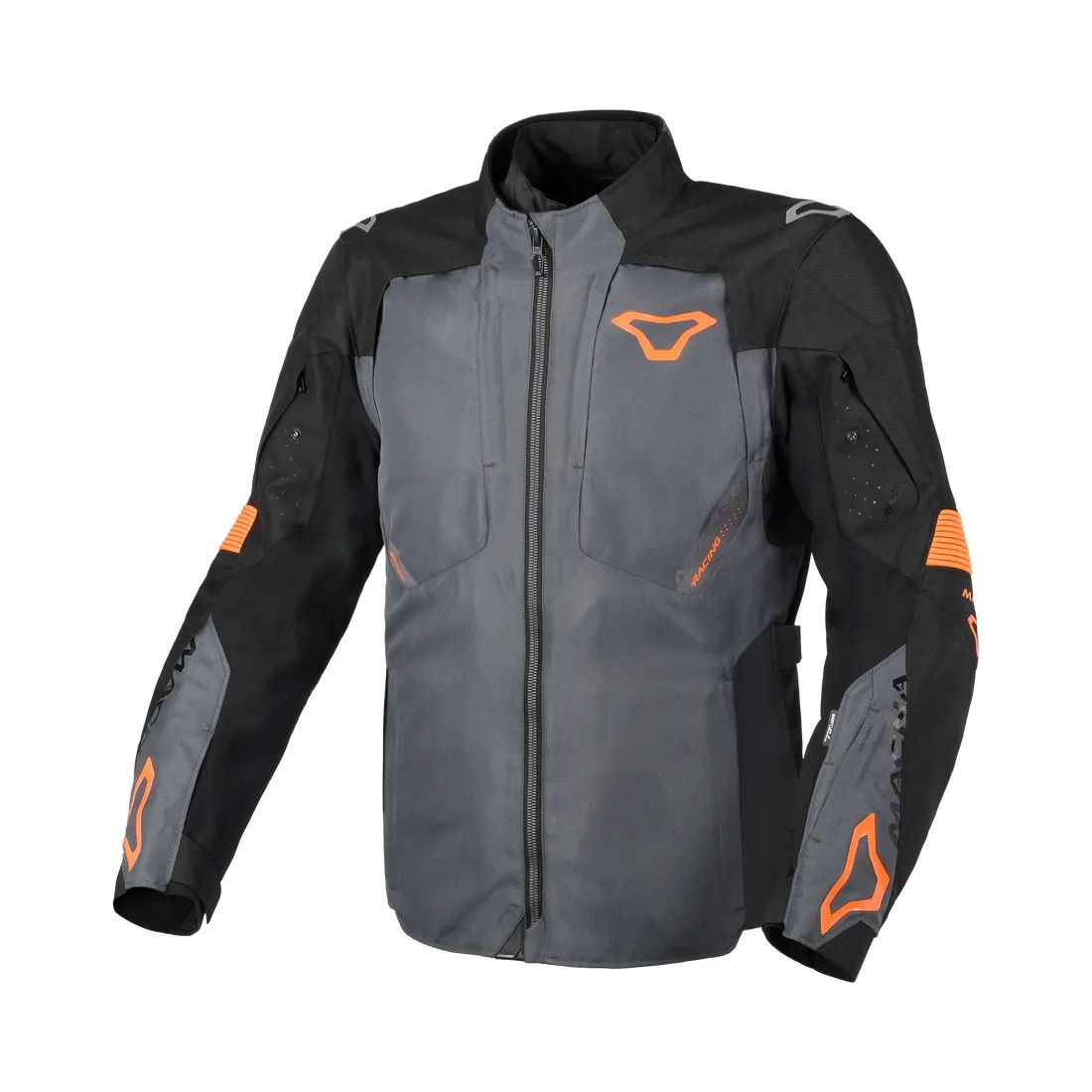 motorcycle jacket macna notch waterproof stretch rain shell insulated LED light prepared air vents ventilation epg orange gray black touring adventure adv front
