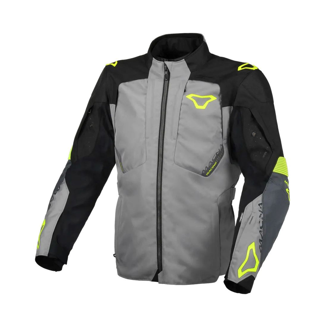 motorcycle jacket macna notch waterproof stretch rain shell insulated LED light prepared air vents ventilation epg gray black neon touring adventure adv front
