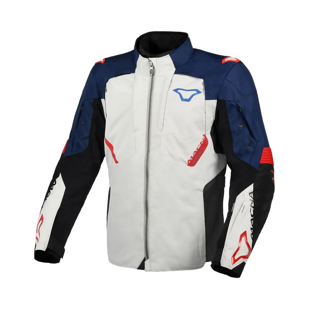 motorcycle jacket macna notch waterproof stretch rain shell insulated LED light prepared air vents ventilation epg gray blue red touring adventure adv front