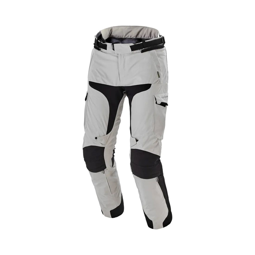 motorcycle pants macna novado waterproof raintex mesh detachable thermo reflective air panels heat shield white gray black touring adventure adv front
