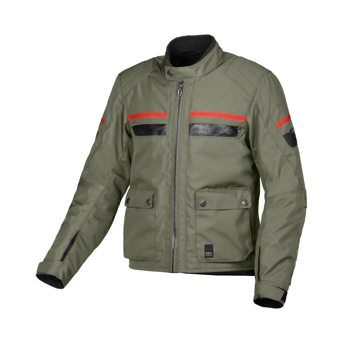 motorcycle jacket macna oryon raintex mesh laminated detachable thermos RISC reflection air vents ventilation green touring adventure adv front