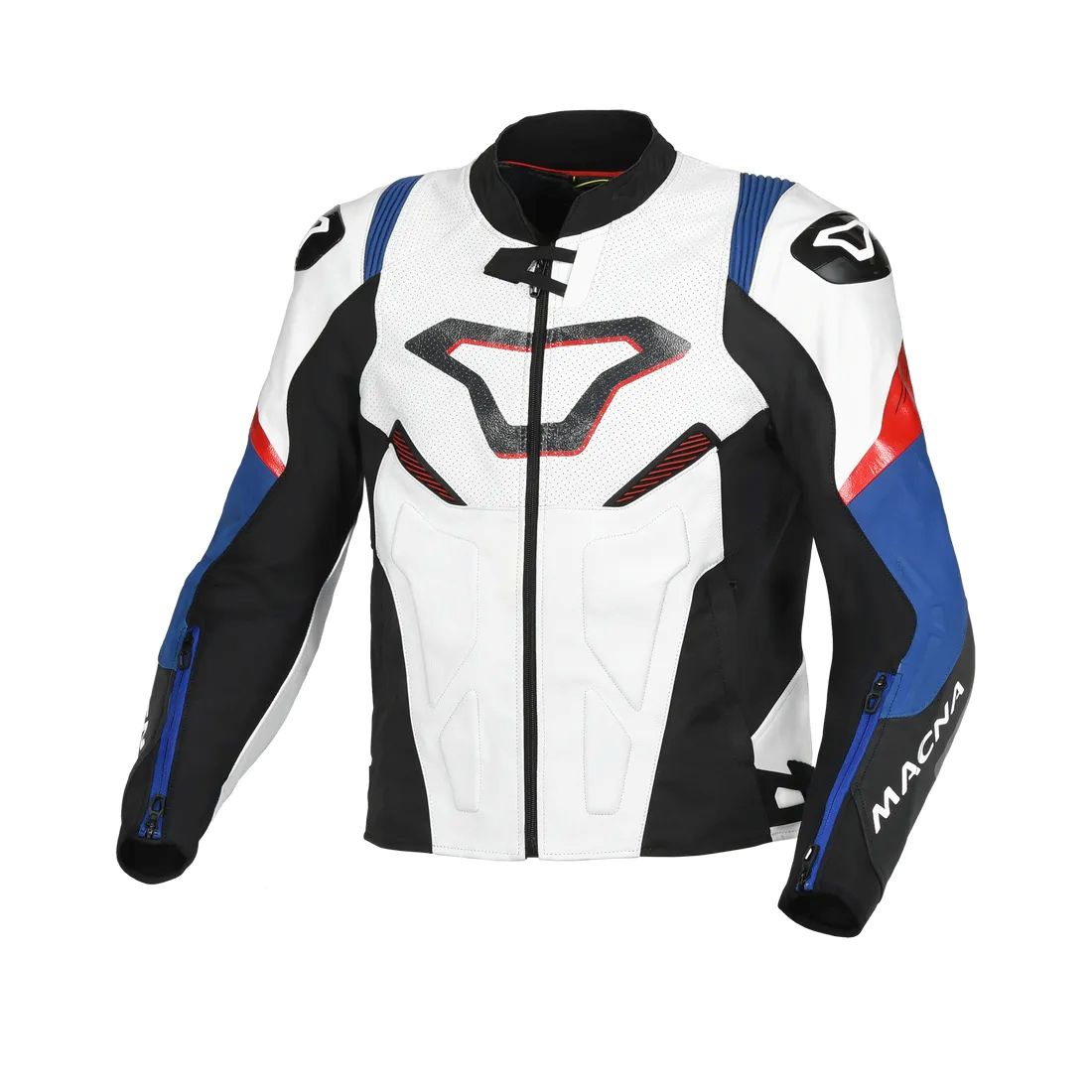 motorcycle jacket macna pointer ventilation vents perforated leather summer risc cow leather black white blue red touring adventure adv front