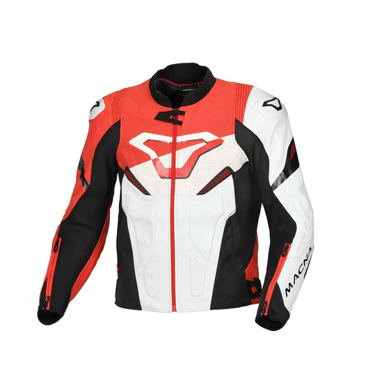 motorcycle jacket macna pointer ventilation vents perforated leather summer risc cow leather black red white touring adventure adv front