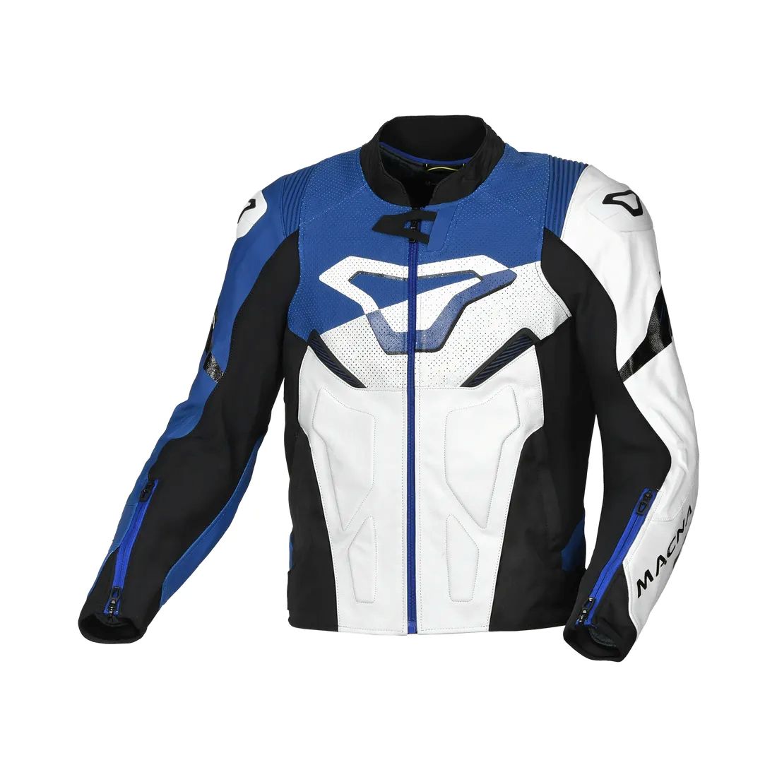 motorcycle jacket macna pointer ventilation vents perforated leather summer risc cow leather white blue black touring adventure adv front