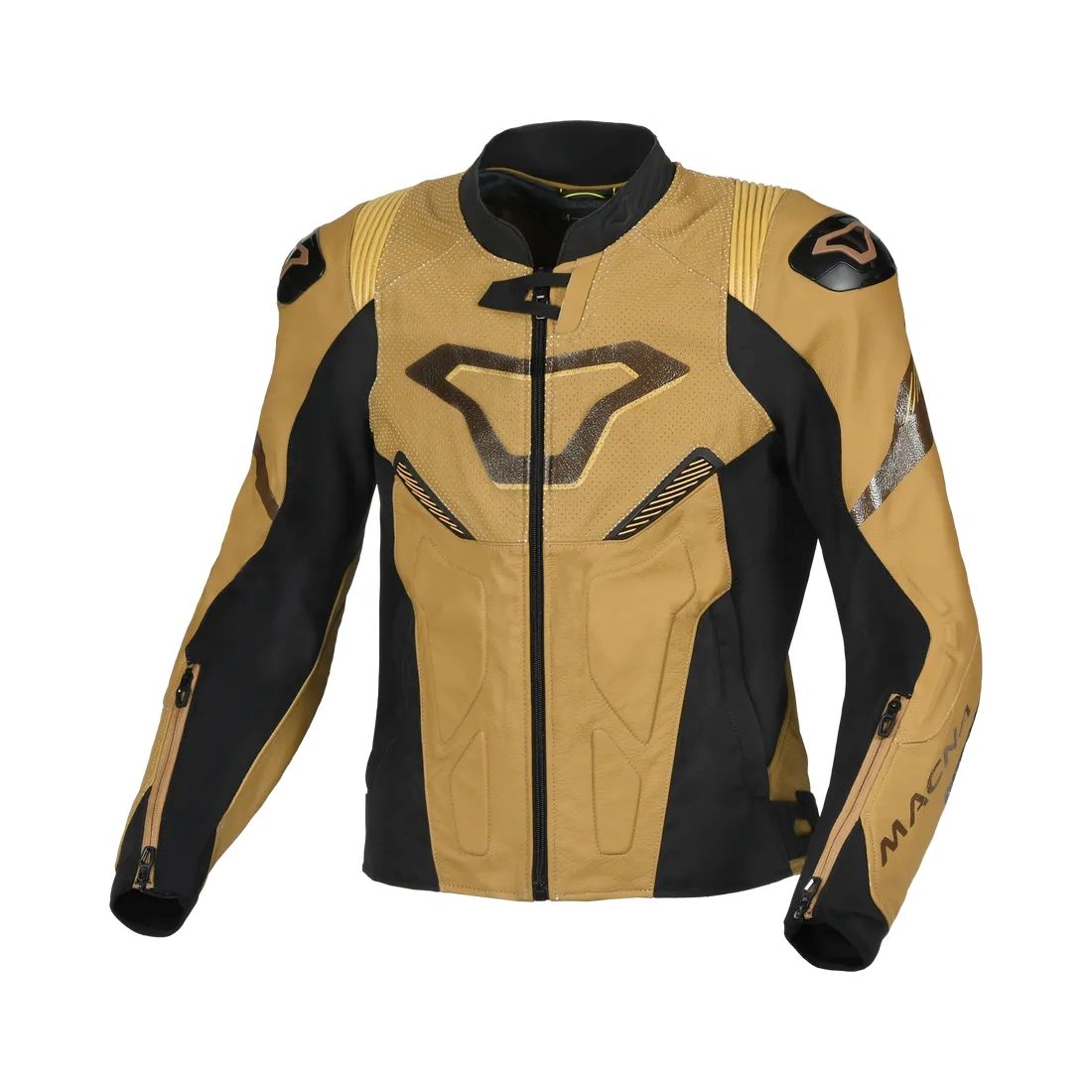 motorcycle jacket macna pointer ventilation vents perforated leather summer risc cow leather brown black touring adventure adv front