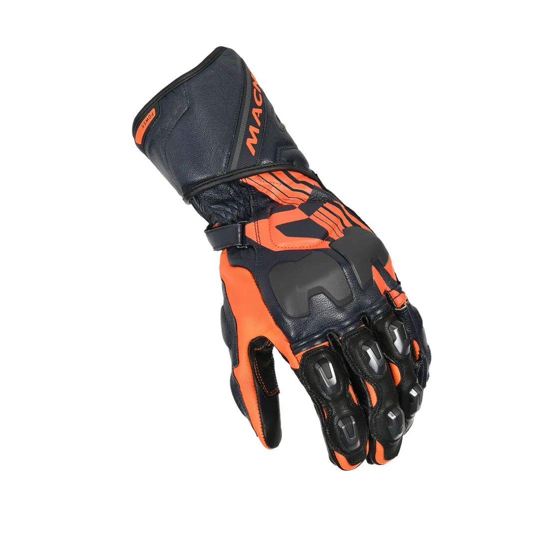 motorcycle gloves macna powertrack armax goat cow kangaroo leather knuckle finger lam protection tpr cuff ergo thumb black orange touring adventure racing adv top