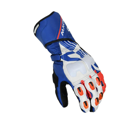 motorcycle gloves macna powertrack armax goat cow kangaroo leather knuckle finger lam protection tpr cuff ergo thumb blue black white racing touring adventure adv top