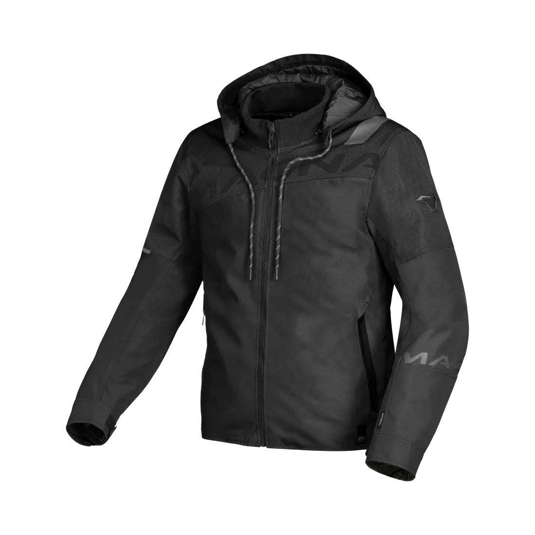 motorcycle jacket macna racoon waterproof air scoop raintex mesh laminated thermos risc r.is.c. reflection vents ventilation detachable hood black touring adventure adv front
