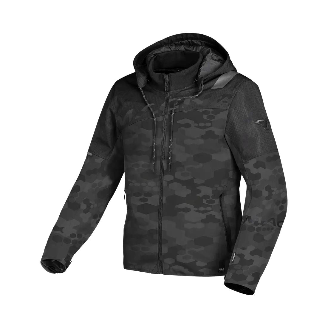 motorcycle jacket macna racoon waterproof air scoop raintex mesh laminated thermos risc r.is.c. reflection vents ventilation detachable hood camo black touring adventure adv top