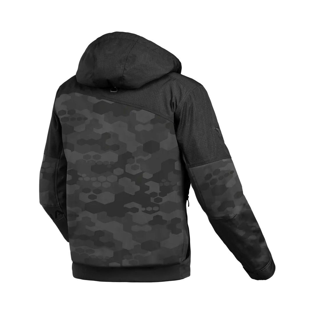 motorcycle jacket macna racoon waterproof air scoop raintex mesh laminated thermos risc r.is.c. reflection vents ventilation detachable hood camo black touring adventure adv back 