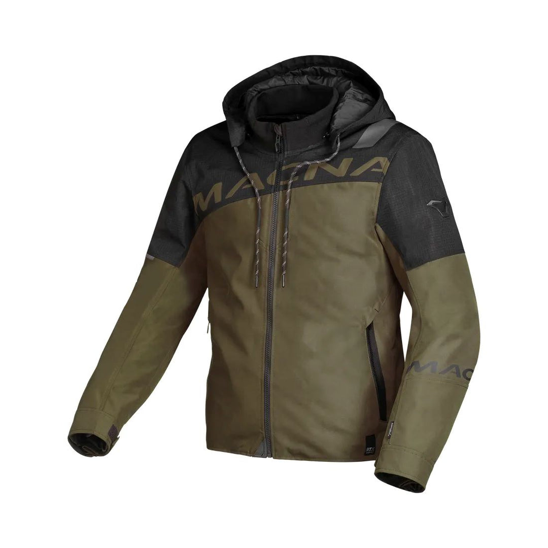 motorcycle jacket macna racoon waterproof air scoop raintex mesh laminated thermos risc r.is.c. reflection vents ventilation detachable hood green black touring adventure adv front