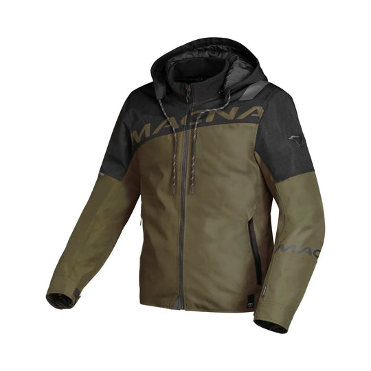 motorcycle jacket macna racoon waterproof air scoop raintex mesh laminated thermos risc r.is.c. reflection vents ventilation detachable hood green black touring adventure adv front