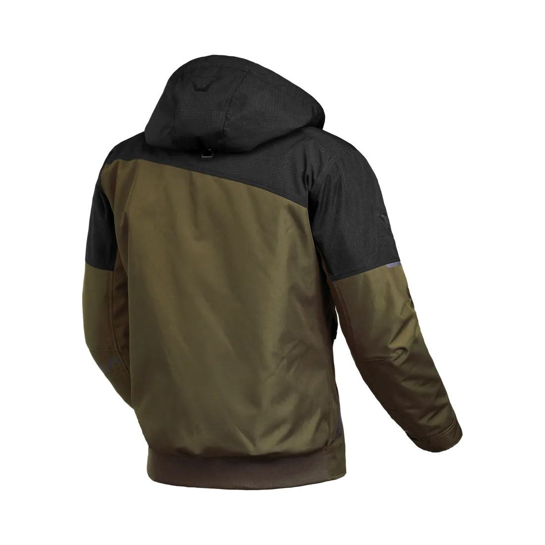 motorcycle jacket macna racoon waterproof air scoop raintex mesh laminated thermos risc r.is.c. reflection vents ventilation detachable hood green black touring adventure adv back