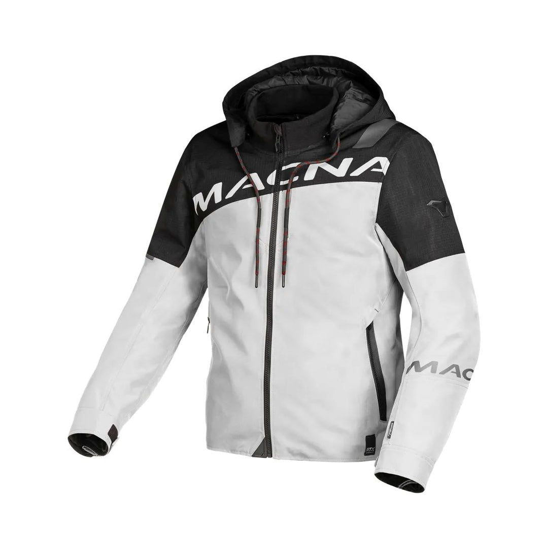 motorcycle jacket macna racoon waterproof air scoop raintex mesh laminated thermos risc r.is.c. reflection vents ventilation detachable hood light gray black touring adventure adv front