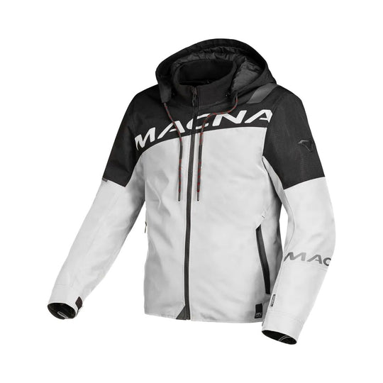 motorcycle jacket macna racoon waterproof air scoop raintex mesh laminated thermos risc r.is.c. reflection vents ventilation detachable hood light gray black touring adventure adv front