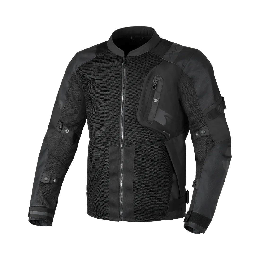 motorcycle jacket macna raddic 3d mesh softshell air burst risc r.i.s.c. protection reflection vents ventilation hot weather black touring adventure adv front
