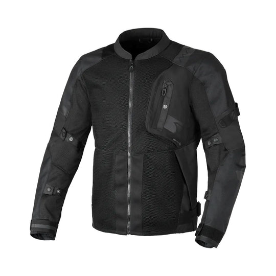 motorcycle jacket macna raddic 3d mesh softshell air burst risc r.i.s.c. protection reflection vents ventilation hot weather black touring adventure adv front
