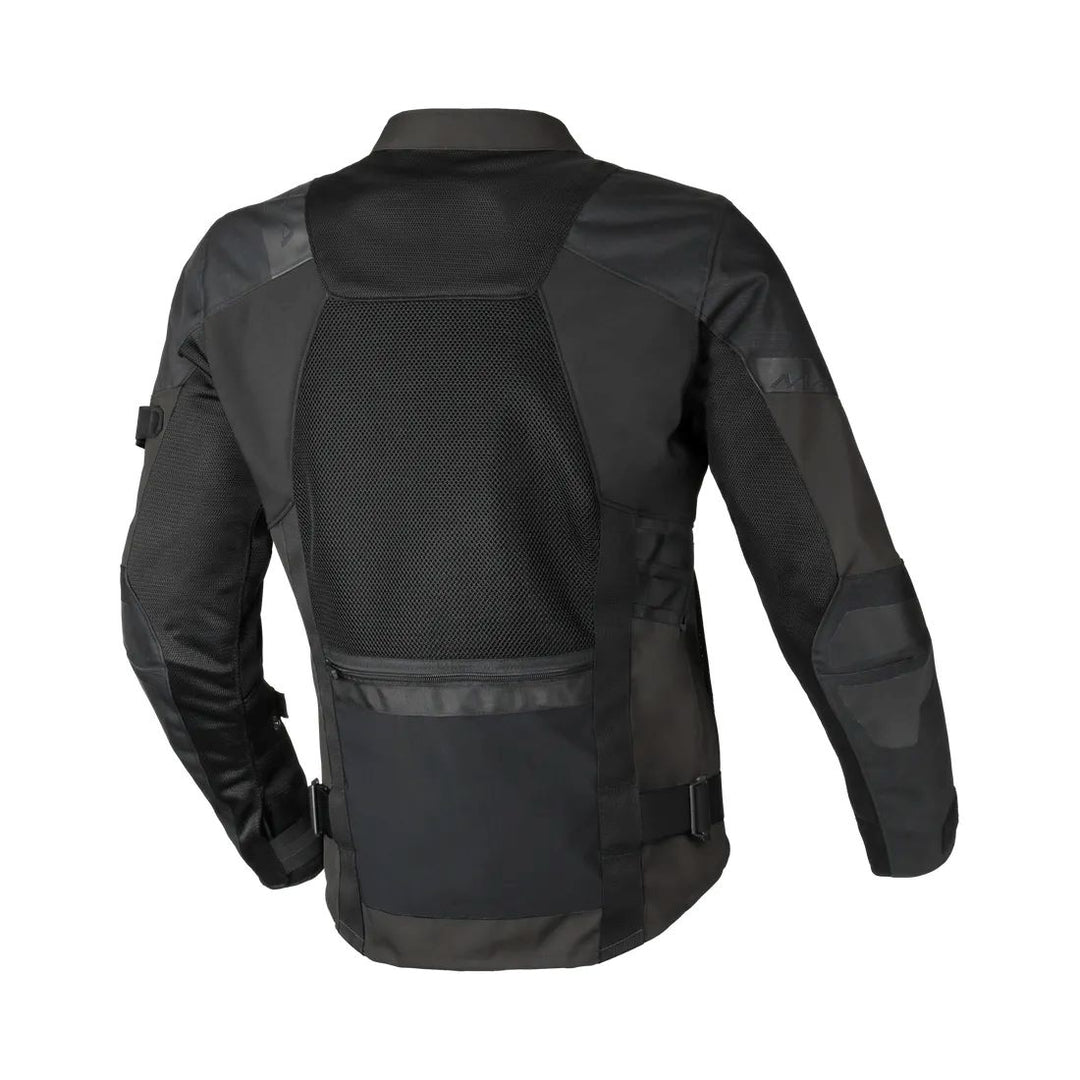 motorcycle jacket macna raddic 3d mesh softshell air burst risc r.i.s.c. protection reflection vents ventilation hot weather black touring adventure adv back