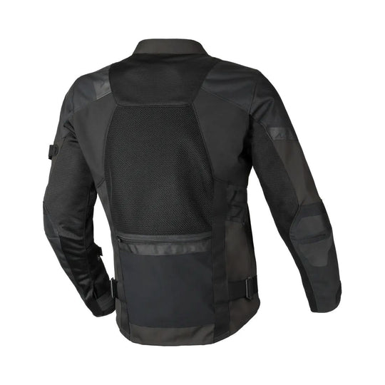 motorcycle jacket macna raddic 3d mesh softshell air burst risc r.i.s.c. protection reflection vents ventilation hot weather black touring adventure adv back
