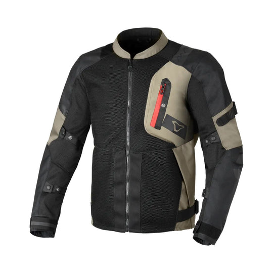 motorcycle jacket macna raddic 3d mesh softshell air burst risc r.i.s.c. protection reflection vents ventilation hot weather taupe black touring adventure adv front