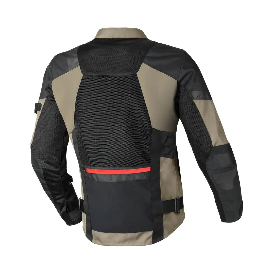 motorcycle jacket macna raddic 3d mesh softshell air burst risc r.i.s.c. protection reflection vents ventilation hot weather taupe black touring adventure adv back