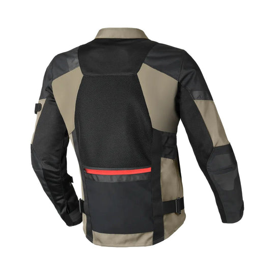 motorcycle jacket macna raddic 3d mesh softshell air burst risc r.i.s.c. protection reflection vents ventilation hot weather taupe black touring adventure adv back