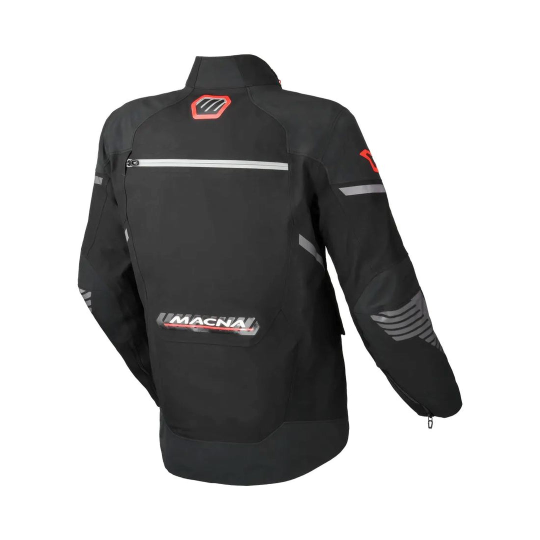 motorcycle jacket macna waterproof twinshell twin shell vents ventilation raintex laminated vision tech led light epg black touring adventure adv back