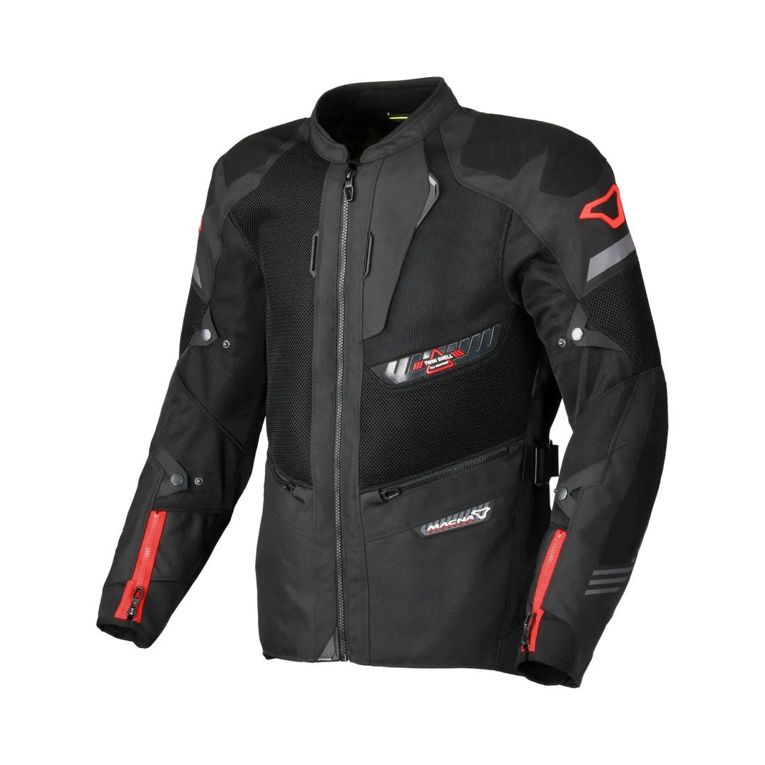 motorcycle jacket macna waterproof twinshell twin shell vents ventilation raintex laminated vision tech led light epg black touring adventure adv core front
