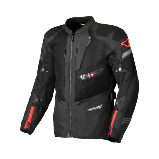 motorcycle jacket macna waterproof twinshell twin shell vents ventilation raintex laminated vision tech led light epg black touring adventure adv core front
