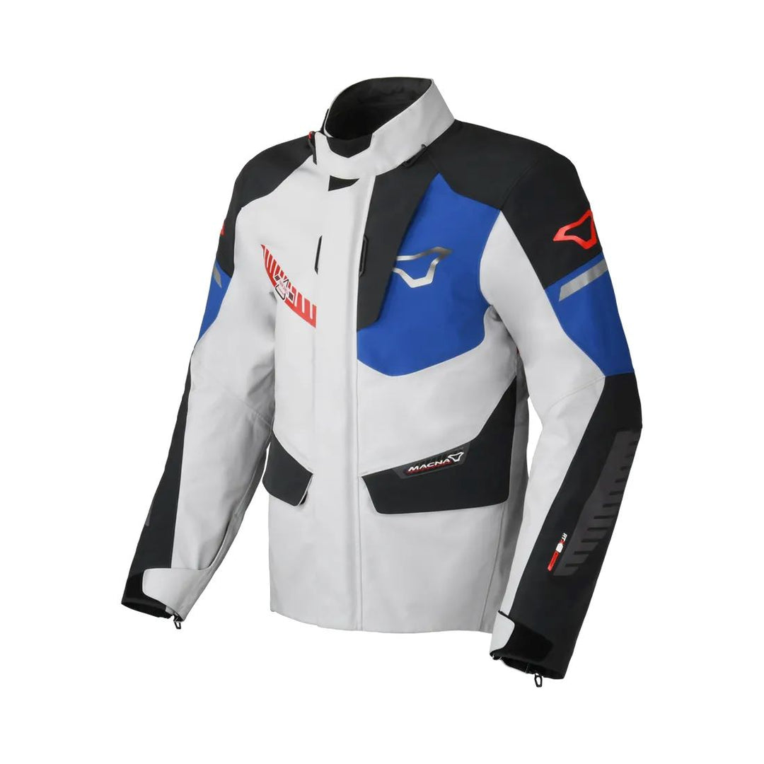 motorcycle jacket macna waterproof twinshell twin shell vents ventilation raintex laminated vision tech led light epg light gray black blue touring adventure adv front
