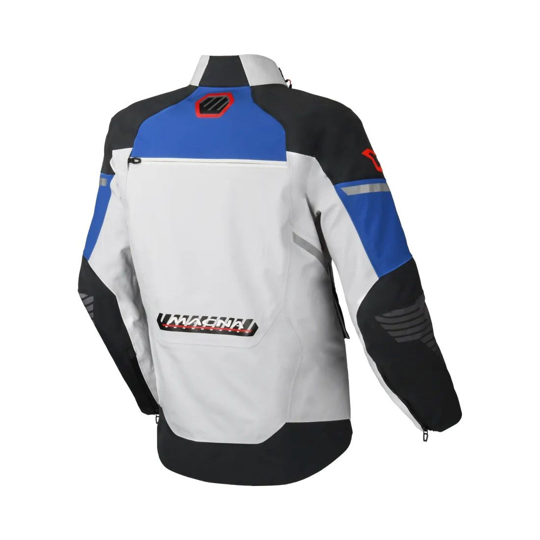 motorcycle jacket macna waterproof twinshell twin shell vents ventilation raintex laminated vision tech led light epg light gray black blue touring adventure adv back