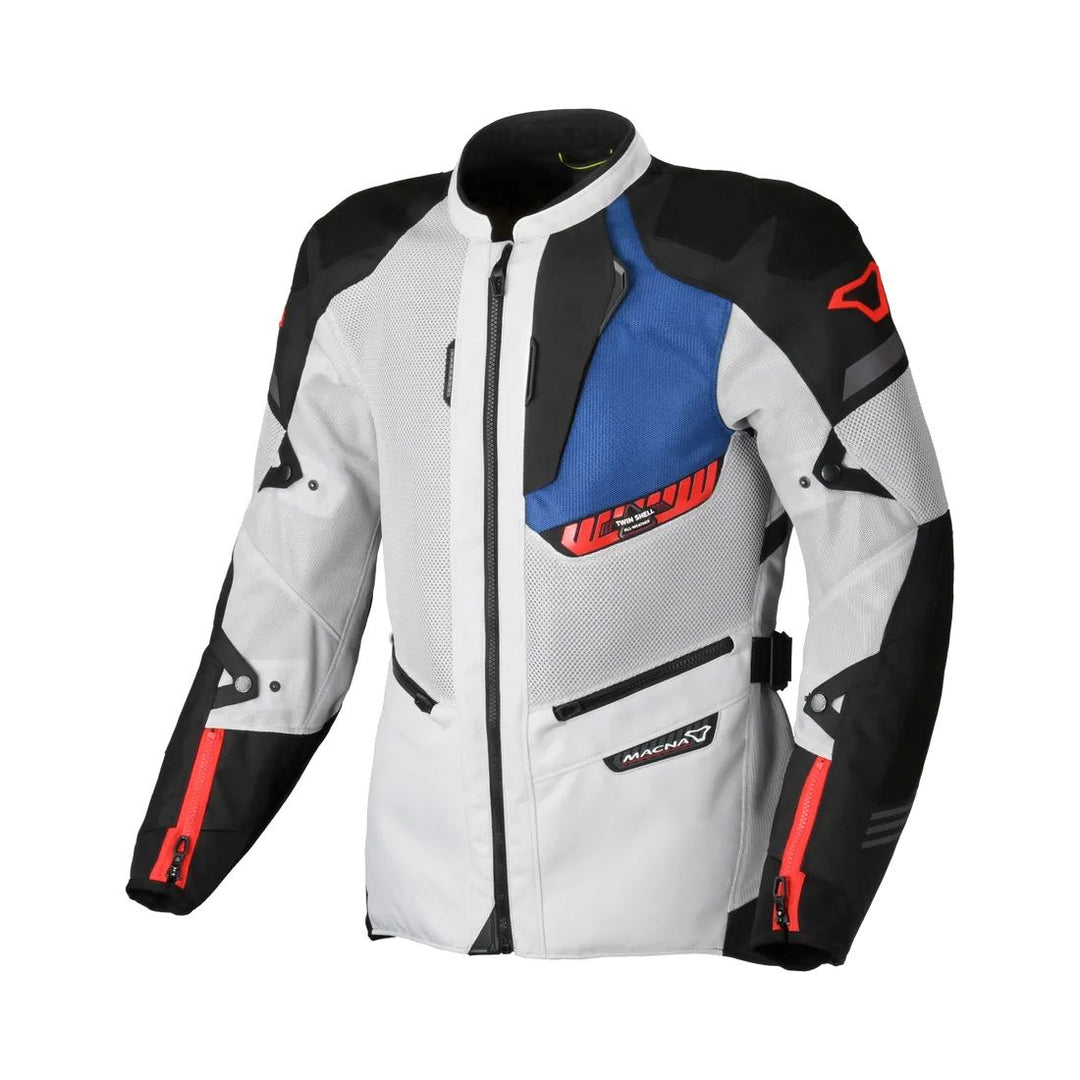 motorcycle jacket macna waterproof twinshell twin shell vents ventilation raintex laminated vision tech led light epg light gray black blue touring adventure adv core front
