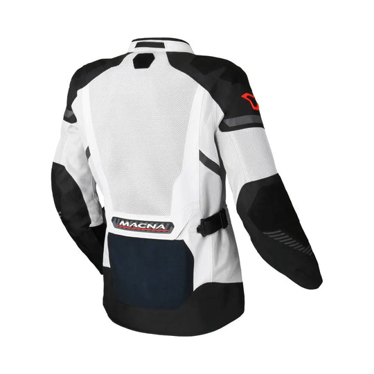 motorcycle jacket macna waterproof twinshell twin shell vents ventilation raintex laminated vision tech led light epg light gray black blue touring adventure adv core back