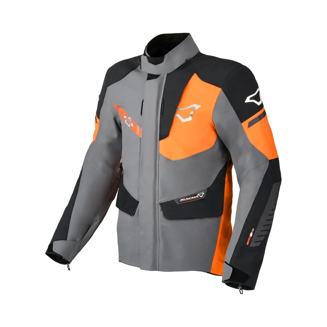 motorcycle jacket macna waterproof twinshell twin shell vents ventilation raintex laminated vision tech led light epg gray orange black touring adventure adv front