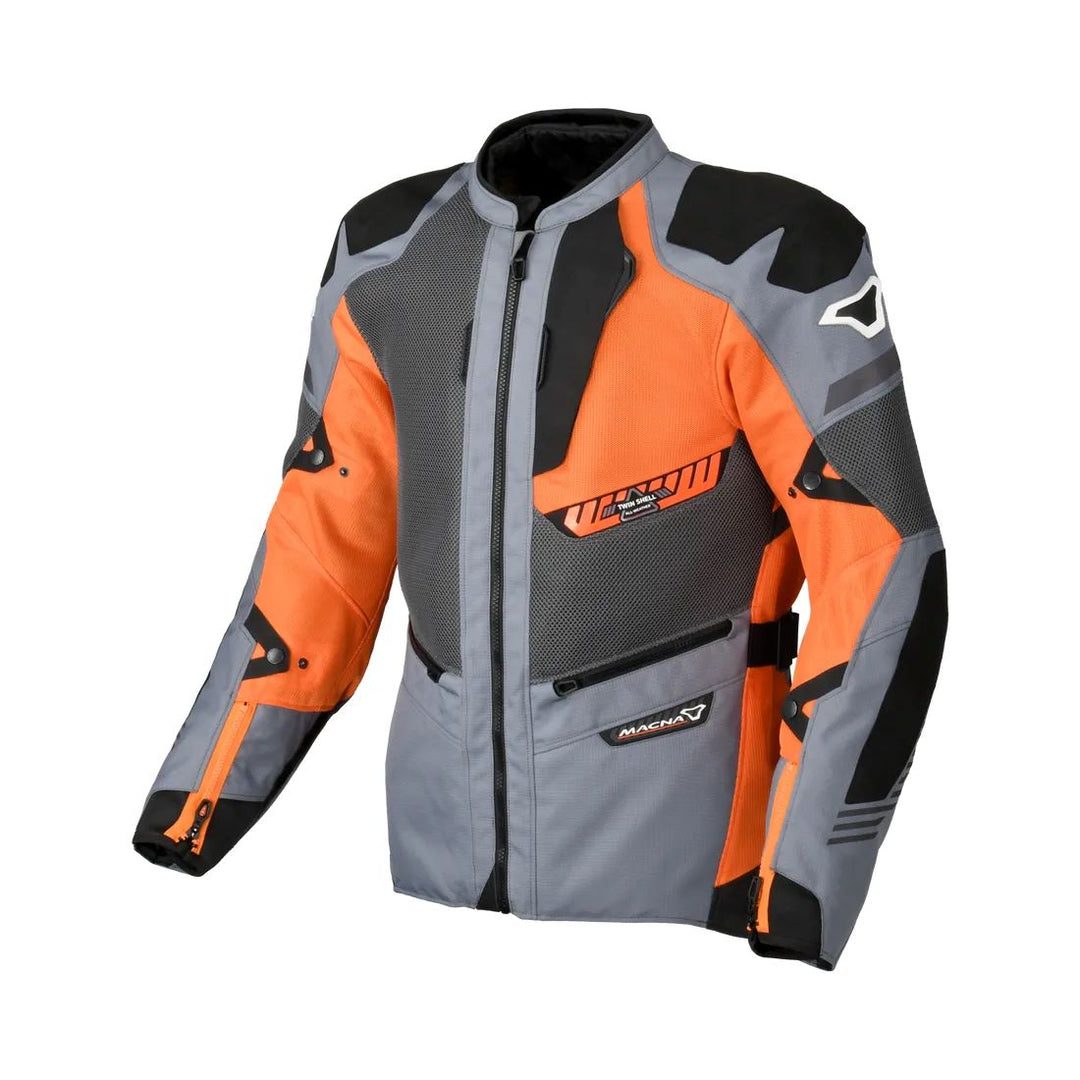 motorcycle jacket macna waterproof twinshell twin shell vents ventilation raintex laminated vision tech led light epg gray orange black touring adventure adv core front
