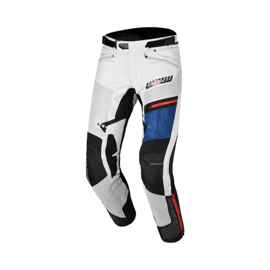 motorcycle pants macna synchrone waterproof laminated twin shell air burst storage bag risc easy cuff side eye lightweight mesh white gray blue red black touring adventure adv front