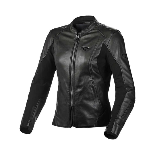 motorcycle jacket macna tequilla womens stretch panels summer risc cow leather black touring adventure adv front