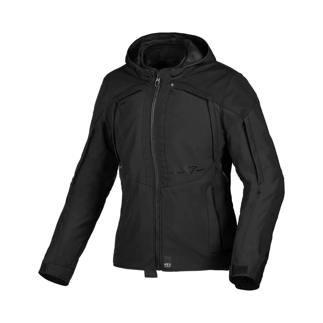 motorcycle jacket macna territory womens waterproof softshell mesh raintex membrane thermos detachable vents ventilation air panels hoodie black touring adventure adv front