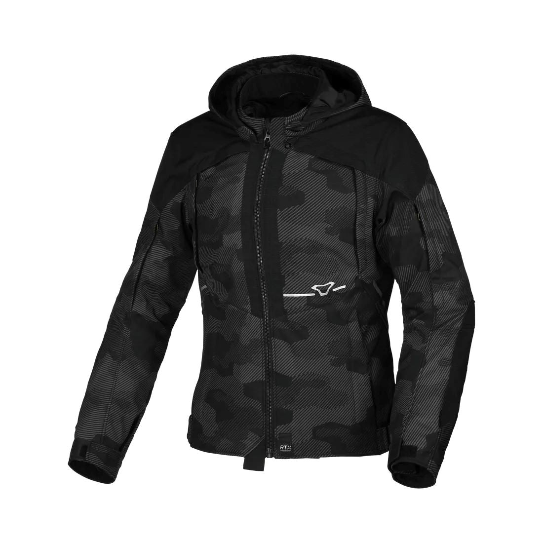 motorcycle jacket macna territory womens waterproof softshell mesh raintex membrane thermos detachable vents ventilation air panels hoodie gray camo black touring adventure adv front