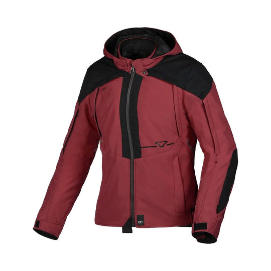 motorcycle jacket macna territory womens waterproof softshell mesh raintex membrane thermos detachable vents ventilation air panels hoodie red black touring adventure adv front

