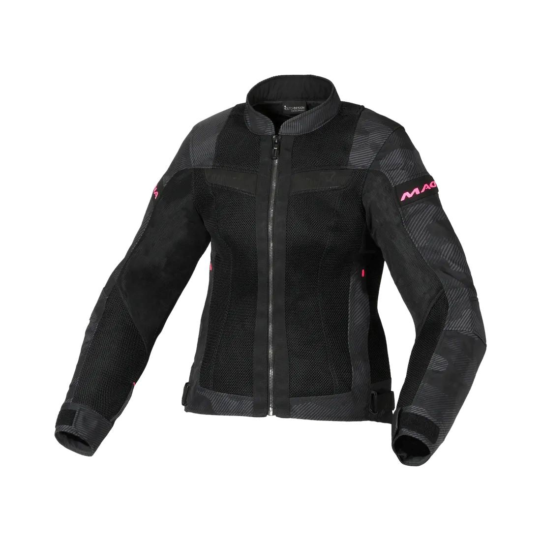 motorcycle jacket macna velotura womens vents ventilation ventilated 3d mesh risc reflection ce protection gray camo black touring adventure adv front