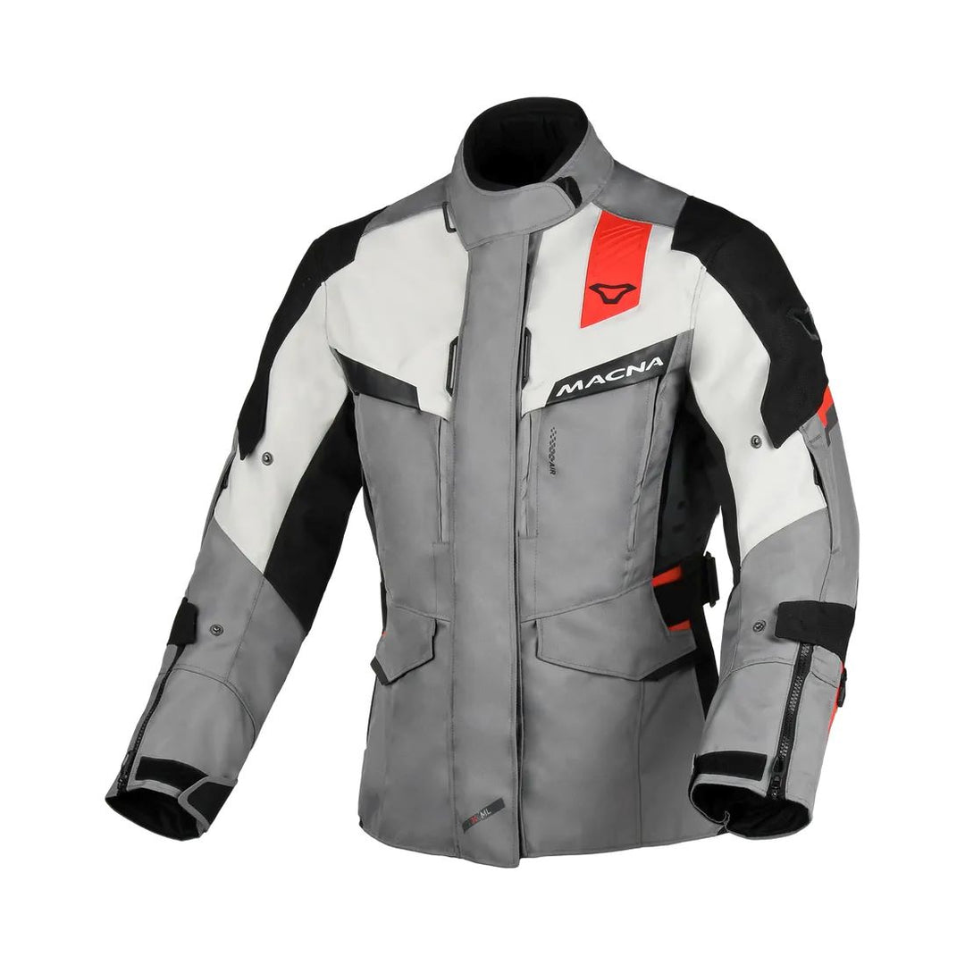 motorcycle jacket macna zatra womens air panels vents ventilation raintex mesh laminated vision tech prepared led light night eye nighteye retro reflective tech epg air scoop gray red black touring adventure adv front