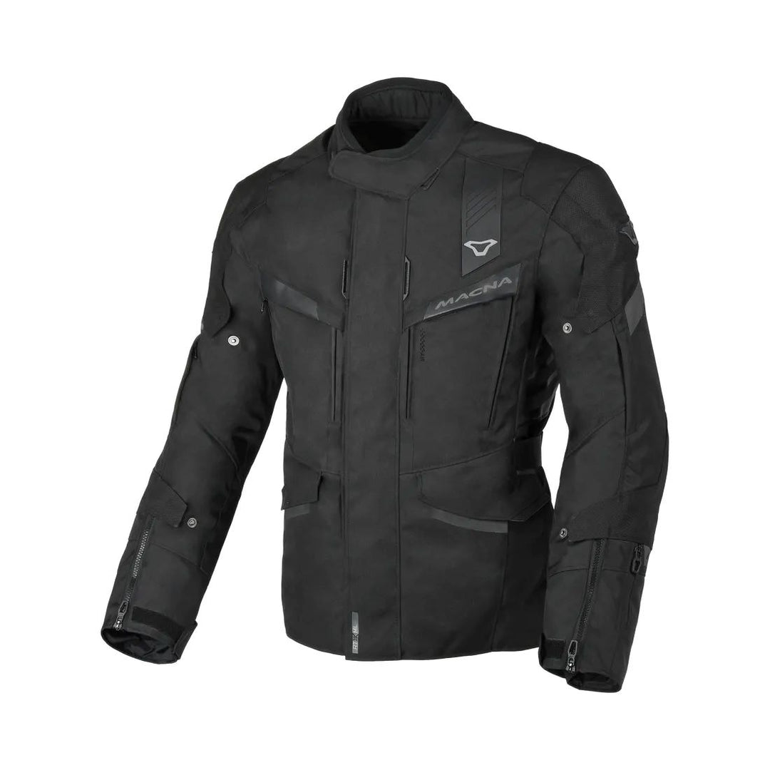 motorcycle jacket macna zatra air panels vents ventilation raintex mesh laminated vision tech prepared led light night eye nighteye retro reflective tech epg air scoop black touring adventure adv front